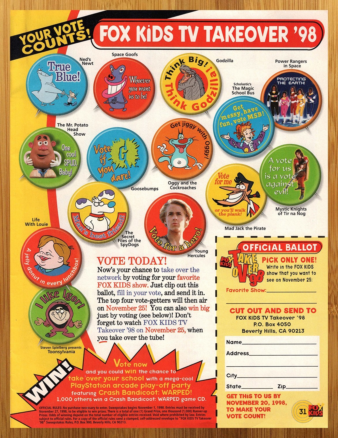1998 Fox Kids TV Godzilla/Magic School Bus/Life with Louie Print Ad/Poster Art