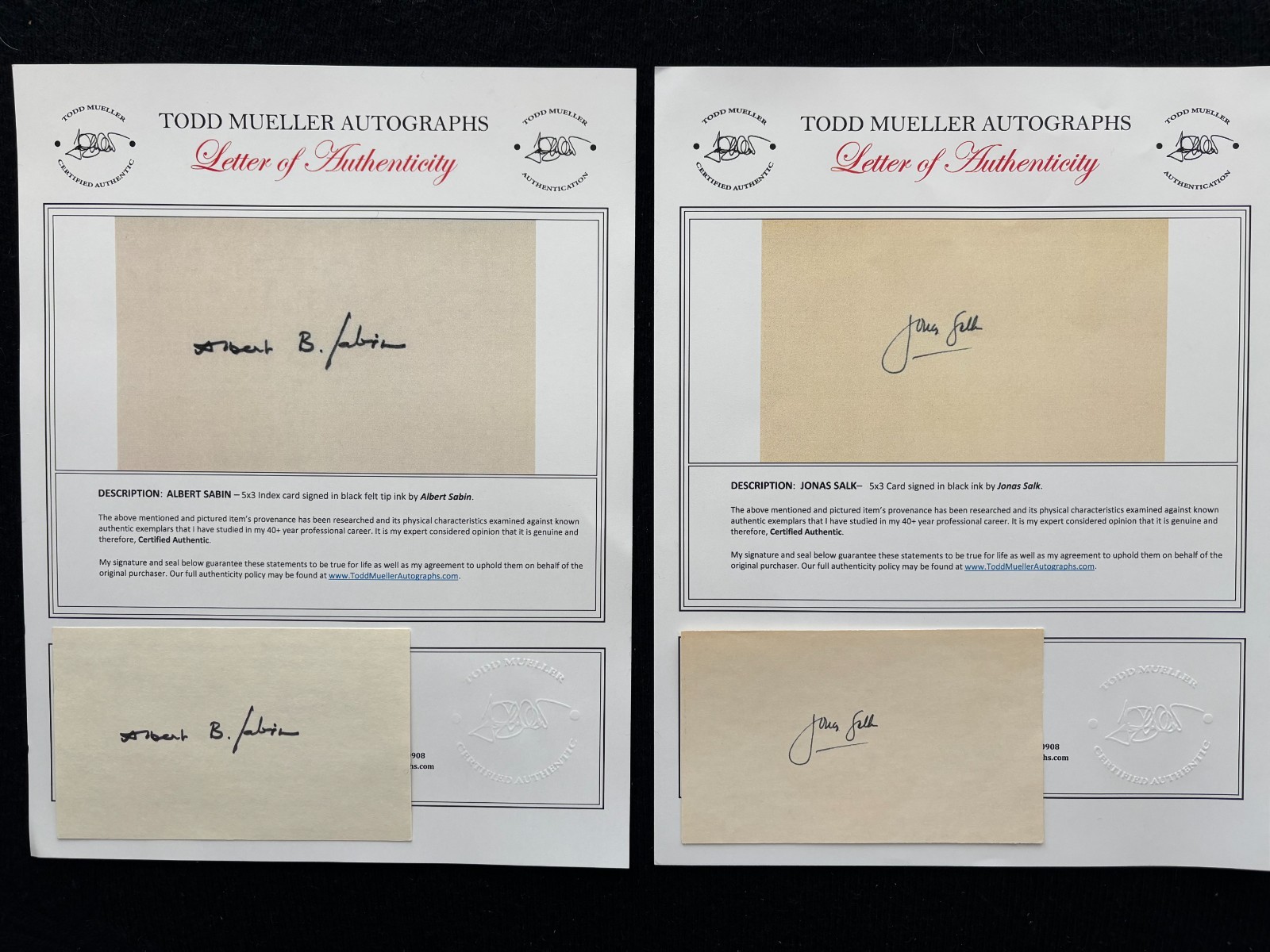 Vintage Jonas Salk & Albert Sabin Polio Vaccine Pioneers Signed Items with COA