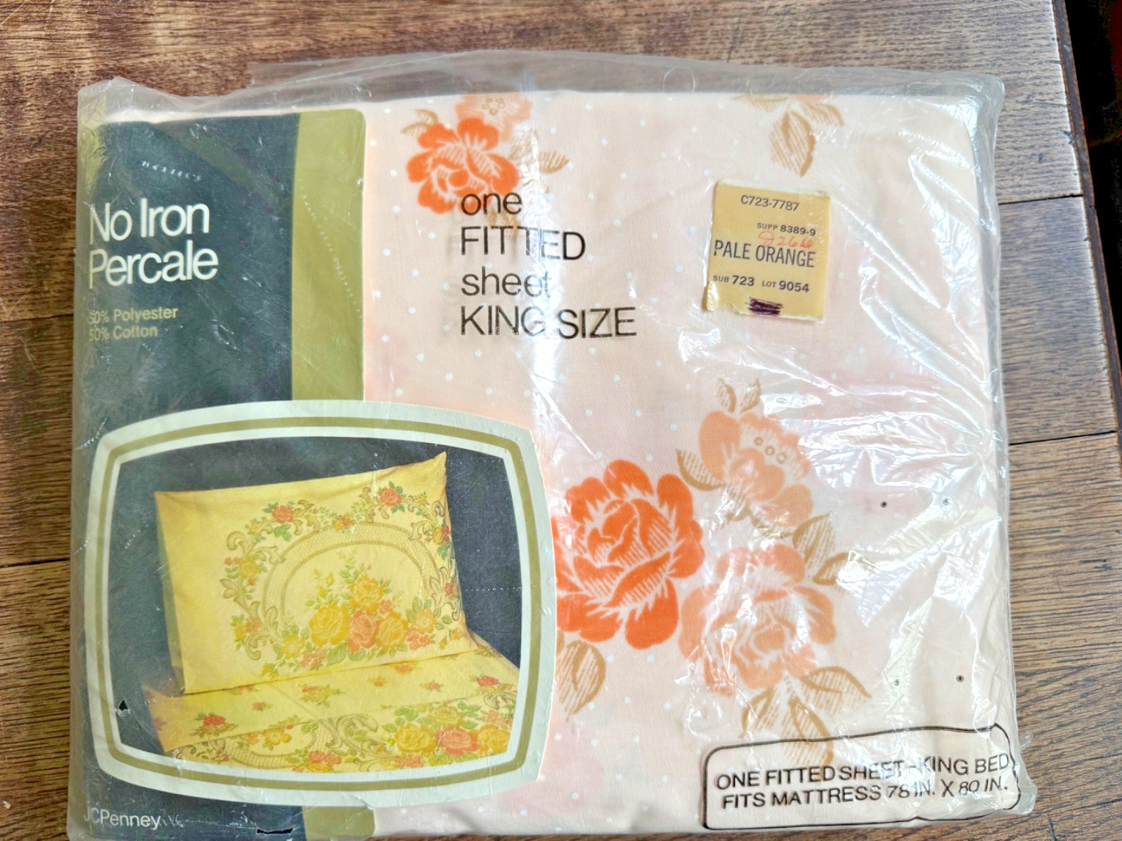 Vintage MIP 1970's J C Penney King Size Fitted King Sheet Peach Floral