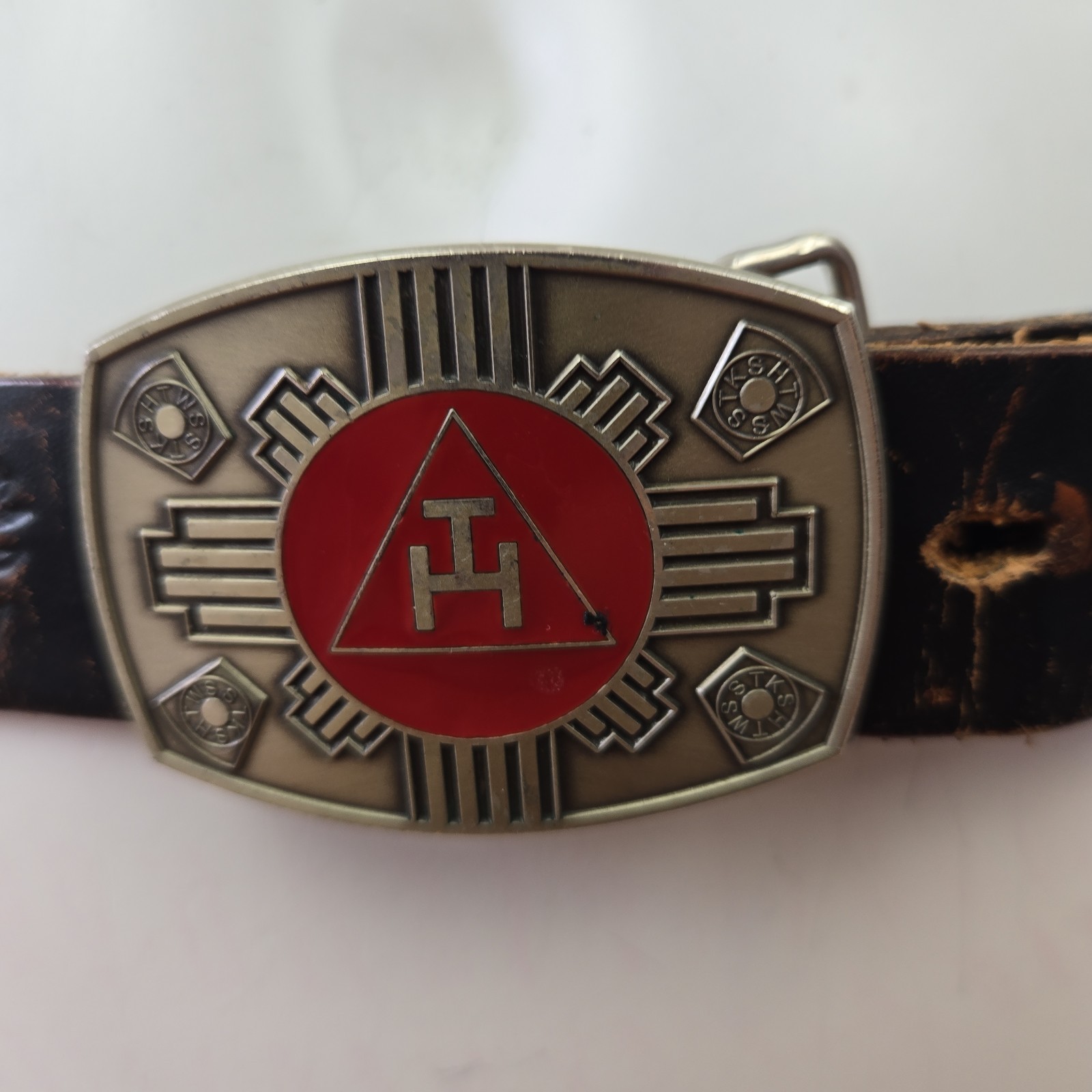 Vintage Royal Arch Triple Tau Masonic Belt Buckle & Tooled Leather Belt 36 USA
