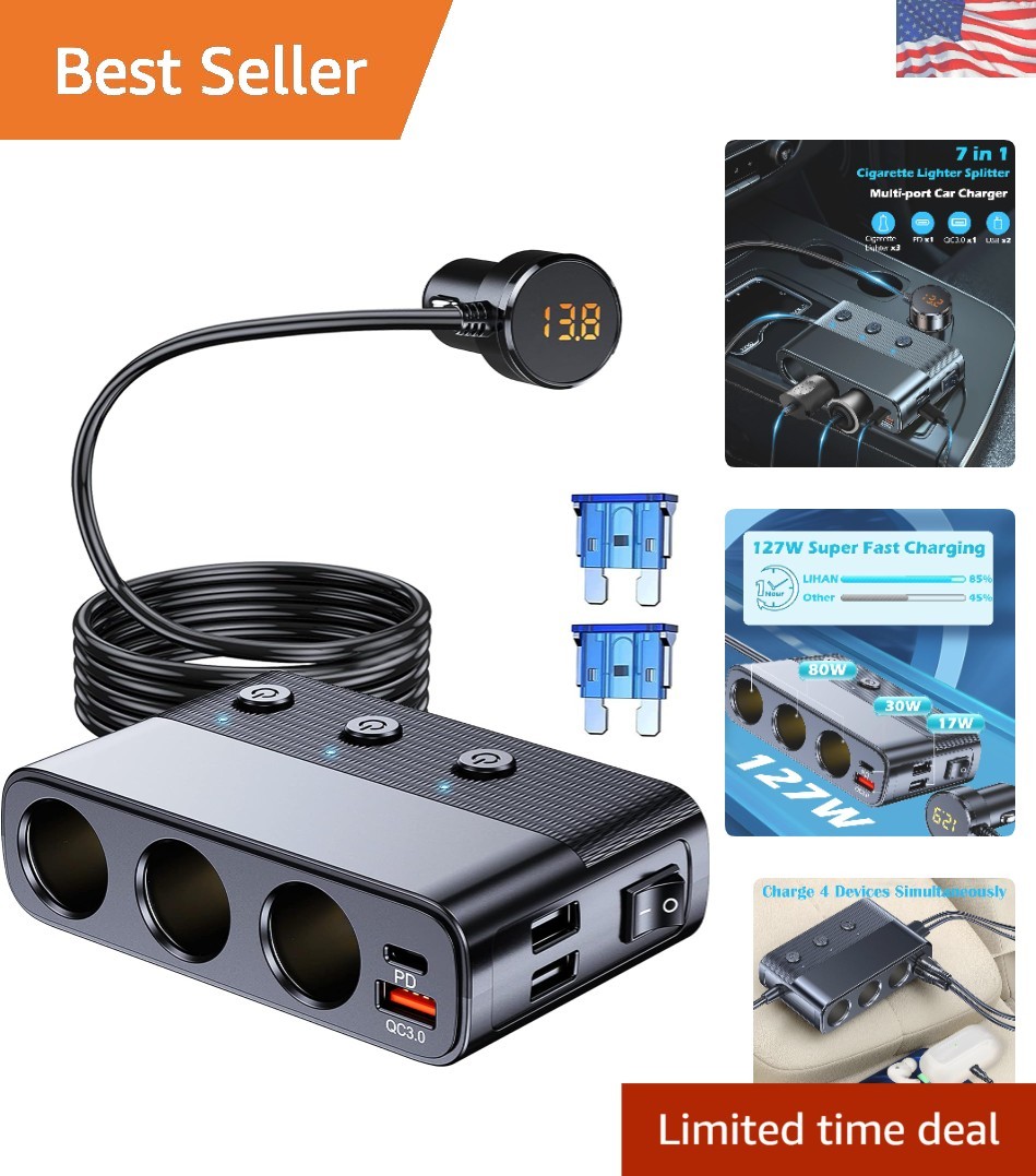7-in-1 Car Cigarette Lighter Splitter & PD 30W USB Charger for Family Road Trips