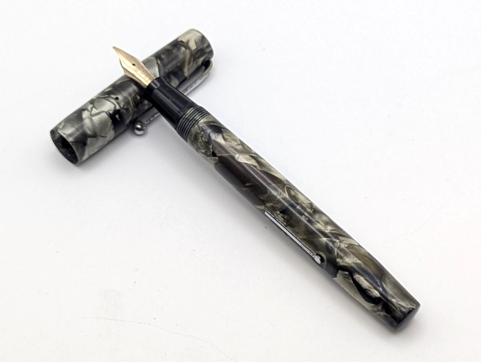 Vintage Mabie Todd Blackbird 5245 Grey Marble Lever Fill 14K M Soft Flex FP