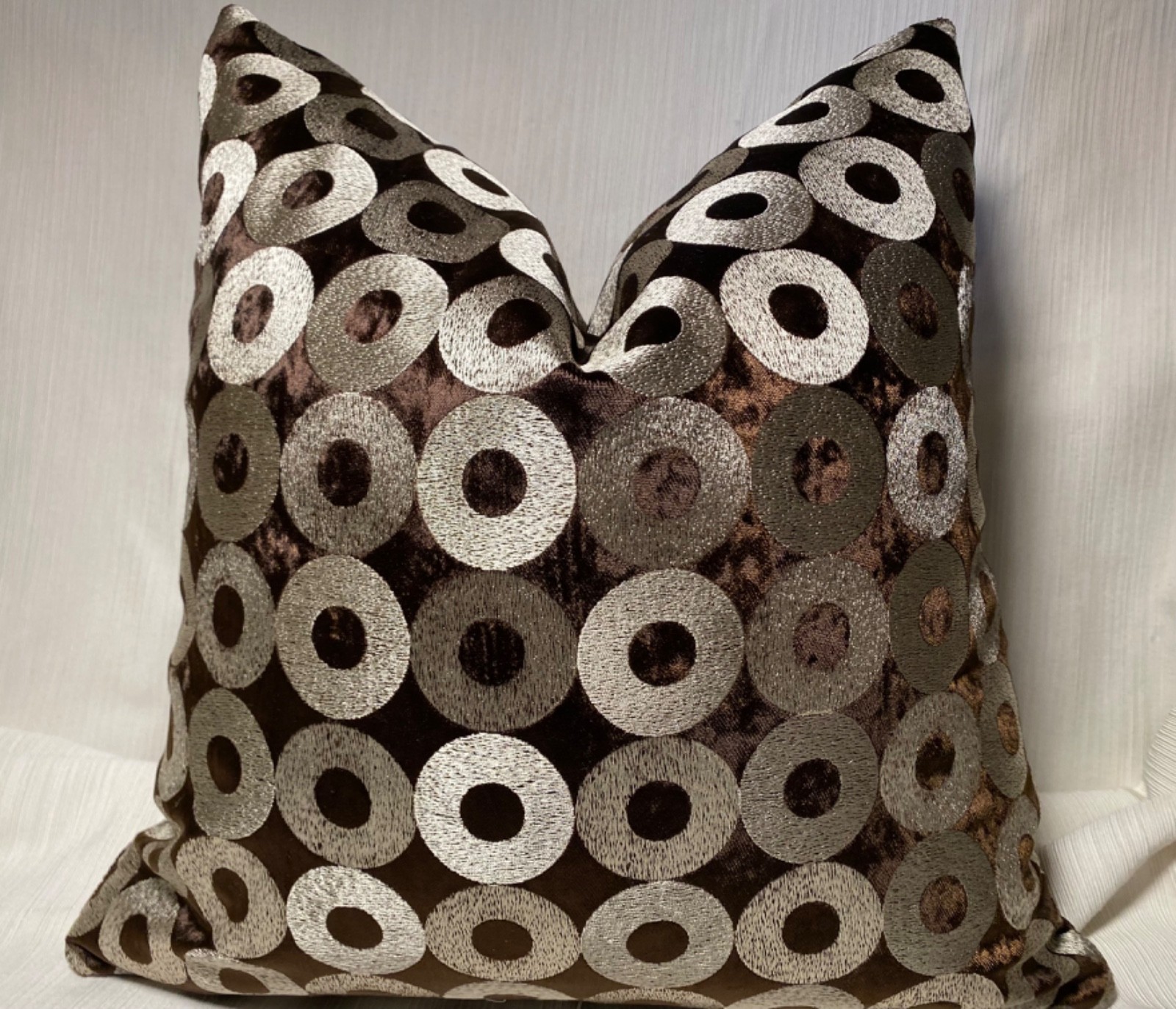 20”sq Custom Pillow Cover in POLLACK Ring-O  6038 73% Viscose Embroidered Fabric