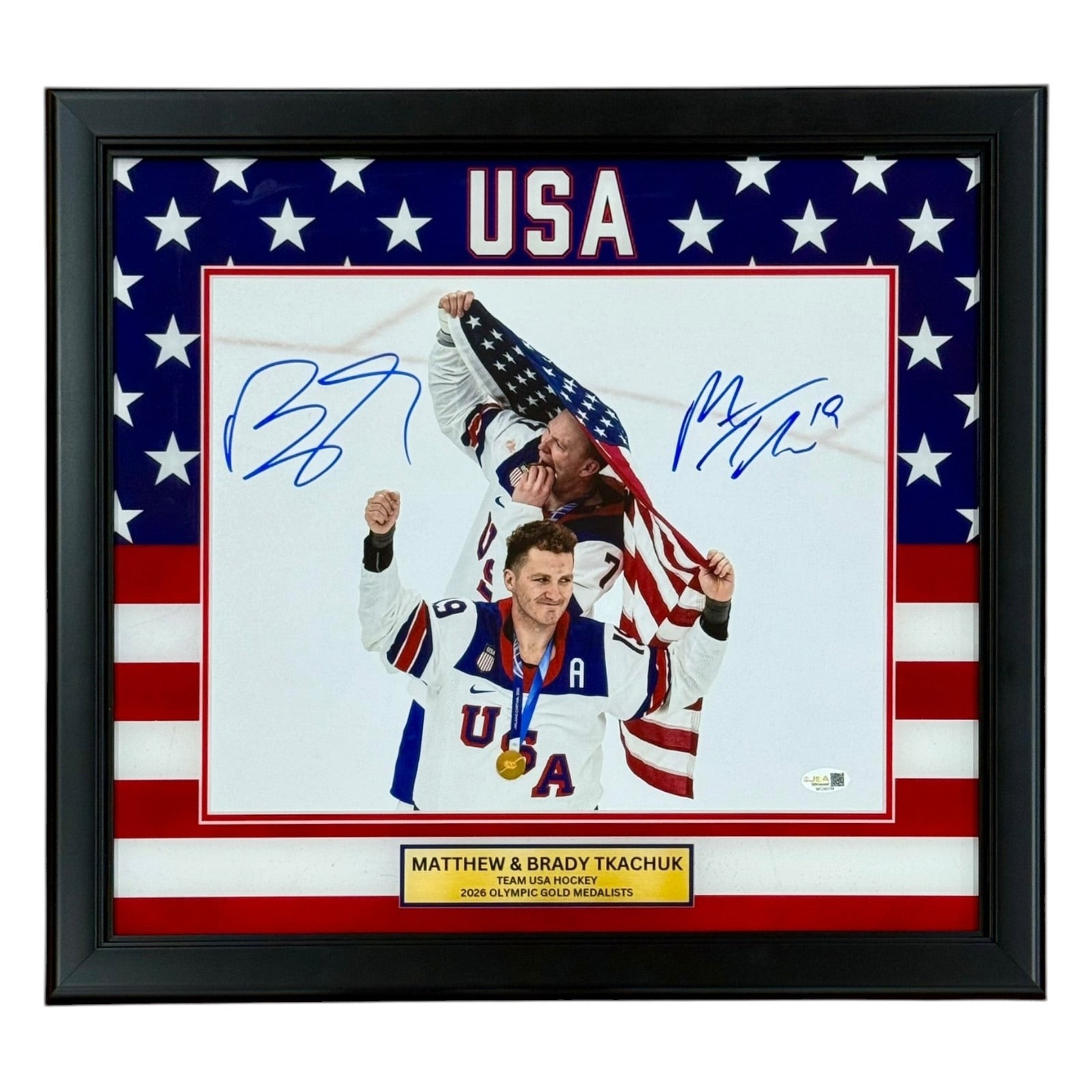 Matthew Tkachuk & Brady Tkachuk Autographed Deluxe Framed Team USA Olympic Gold