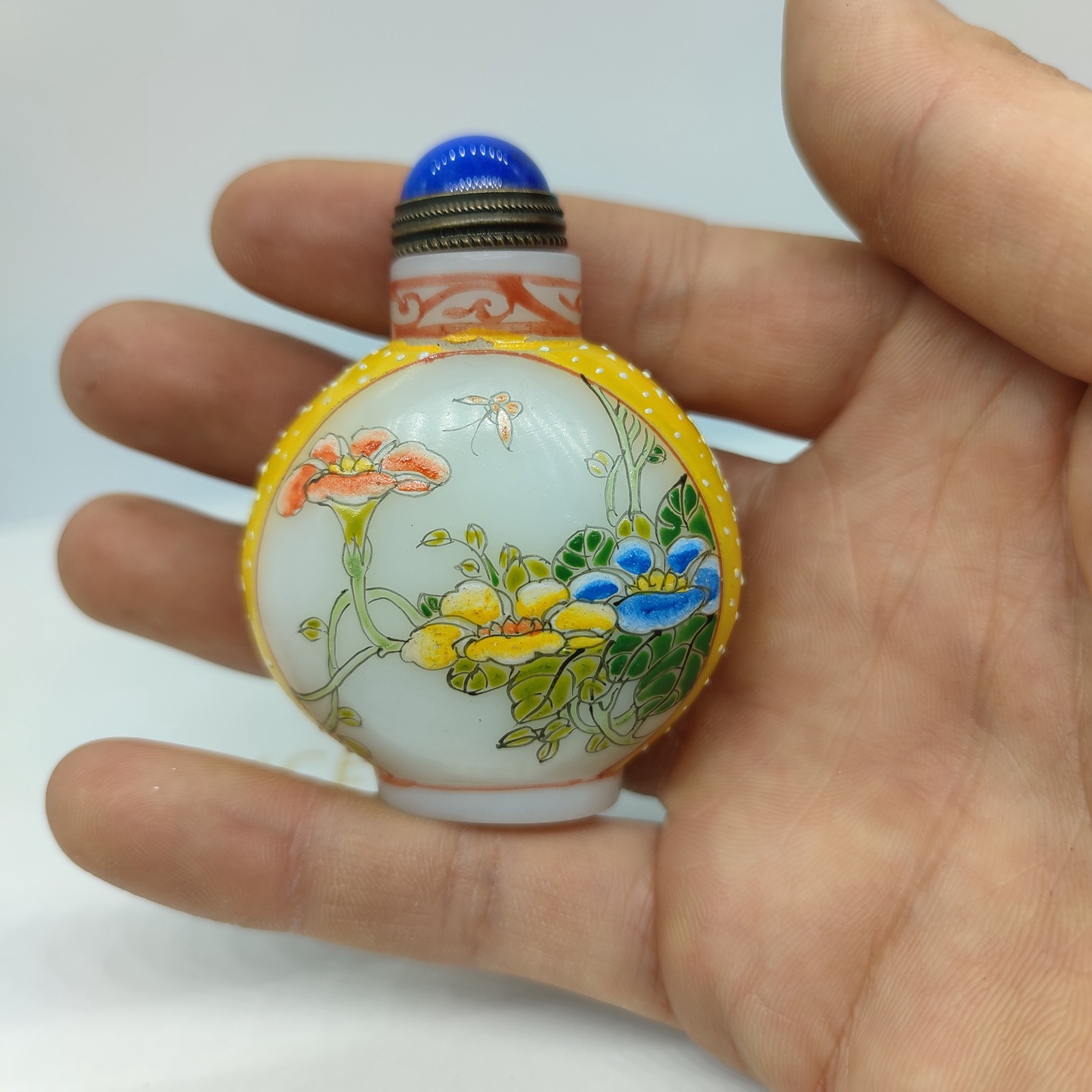Chinese Colored Glaze Carved Painted Flower Bird Exquisite BottleArt