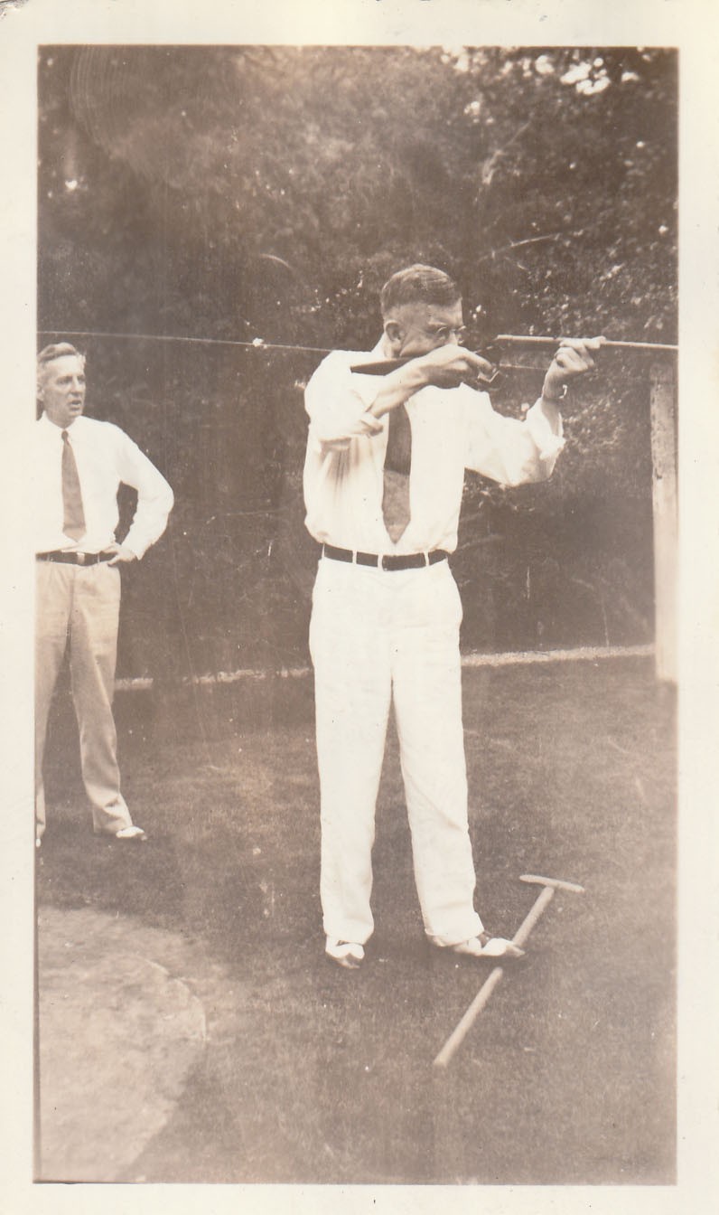 Vintage Photo 1936 Man Shooting Rifle Target Practice Family Fun Fashion USA