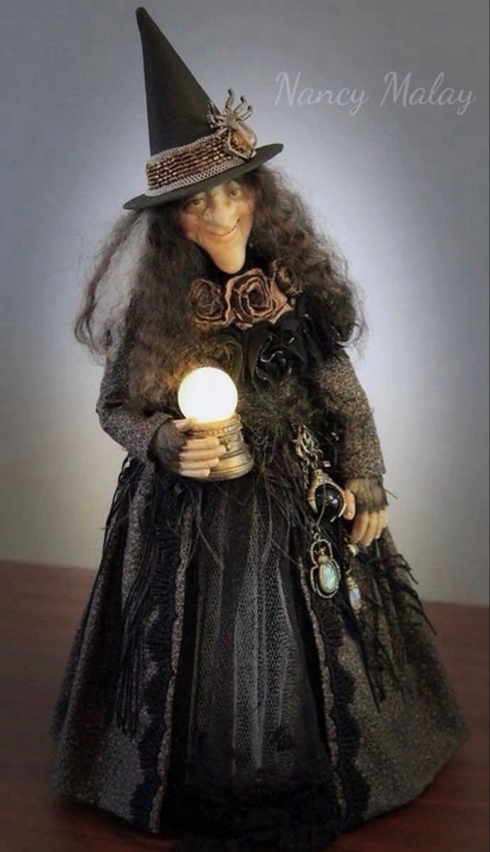 OOAK Handmade Paperclay Witch Art Doll Vintage Clothing Halloween Nancy Malay