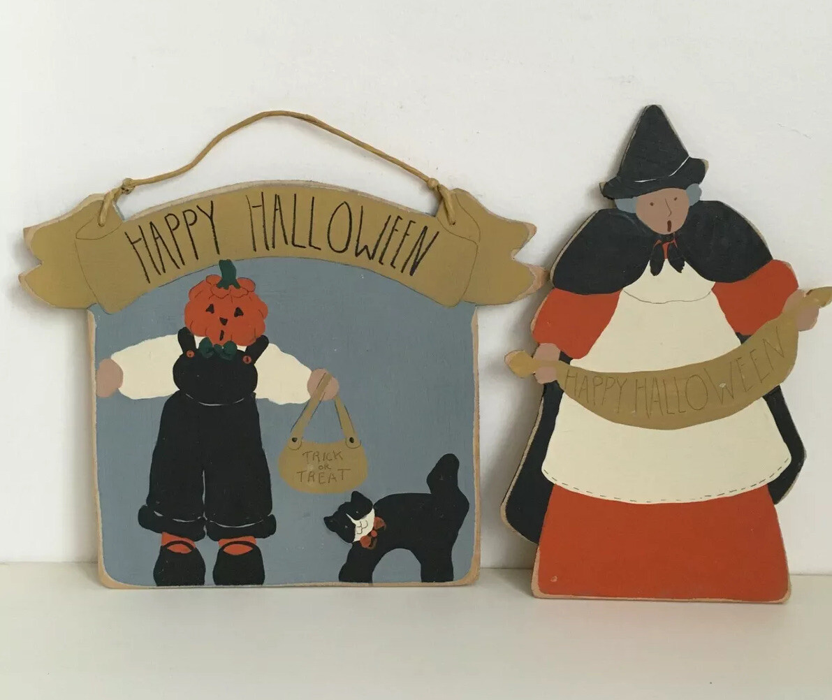 Two Vintage 1993 “Happy Halloween” Wood Signs. Folk Art Halloween Decor 