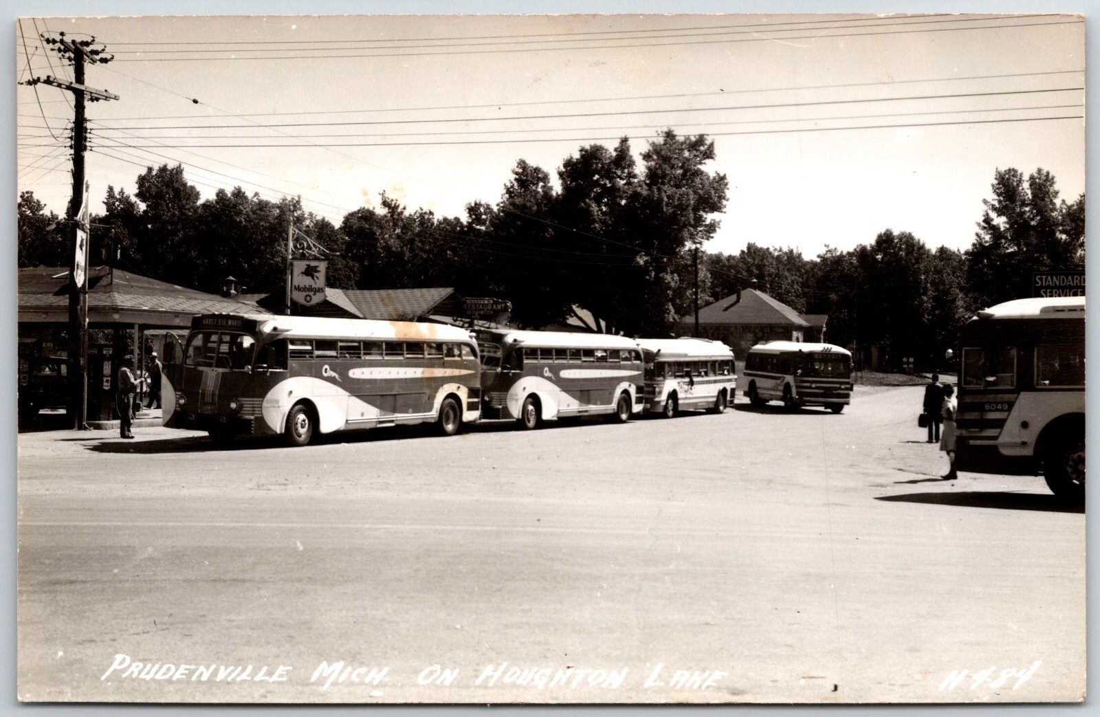 Prudenville Michigan on Houghton Lakee RPPC MobilGas Buses Real Photo unposted