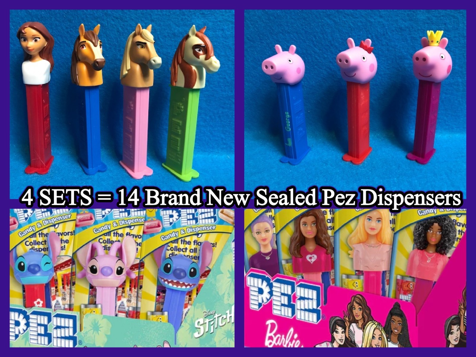 Lot of 14 PEZ DISPENSERS (4 sets) - Barbie, Peppa Pig, Spirit Horses, Stitch NEW