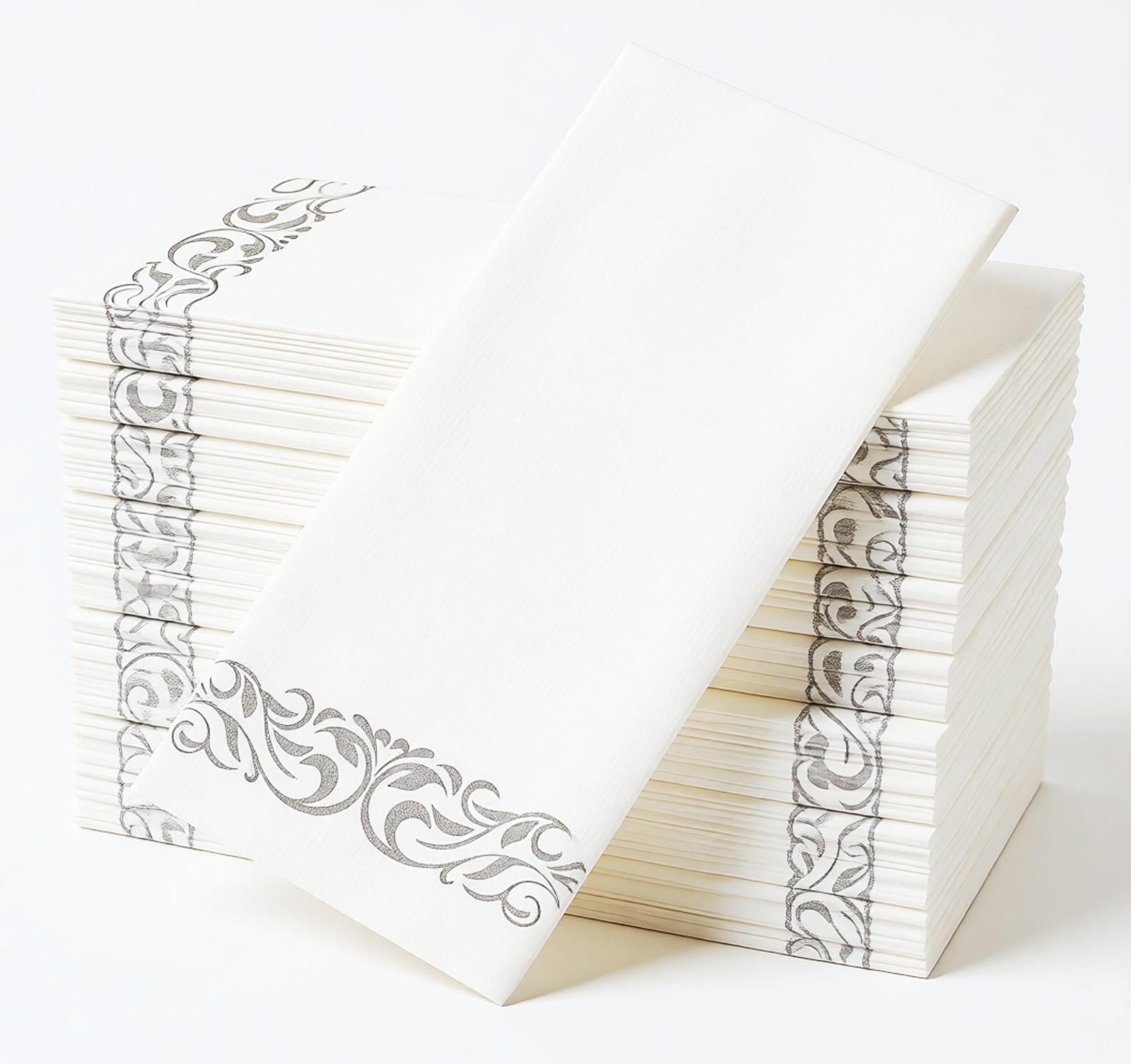 50 pack Airlaid, Linen-Feel Sliver trim Paper Napkins, Cloth Like Dinner Napkins