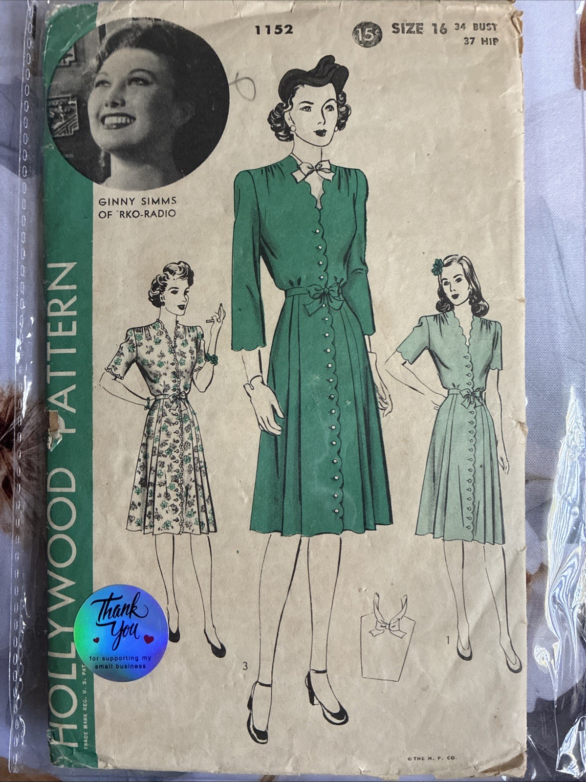 Very Rare 1940s Vintage Sewing Pattern Size 16 Bust 34 Hollywood Pattern 1152