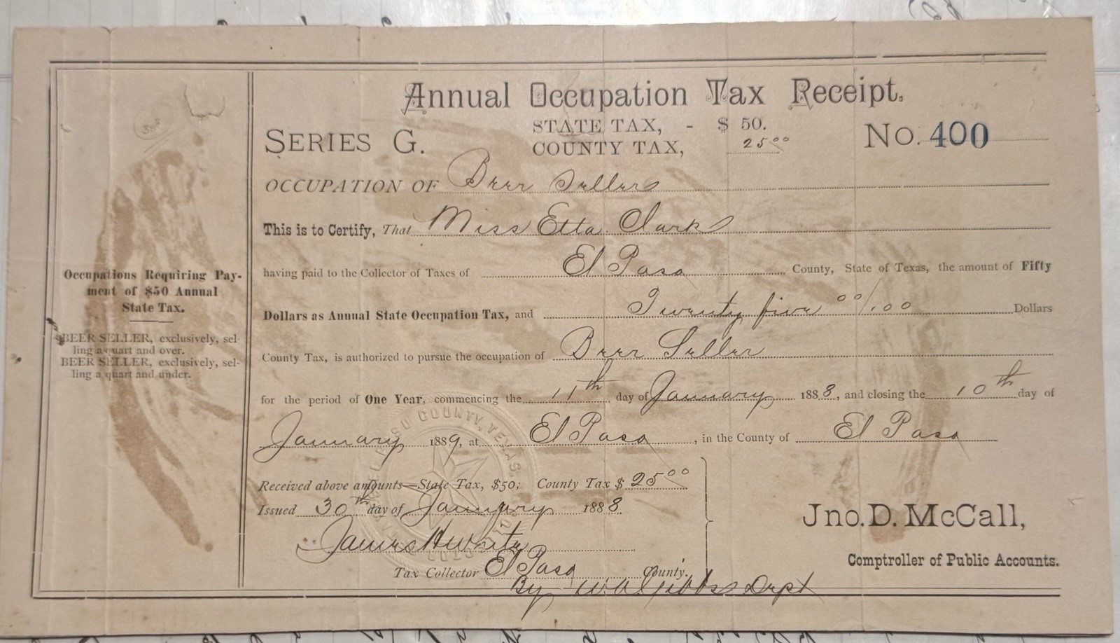 Rare Authentic El Paso Texas Prostitution Document Madam Etta Clark License 1888