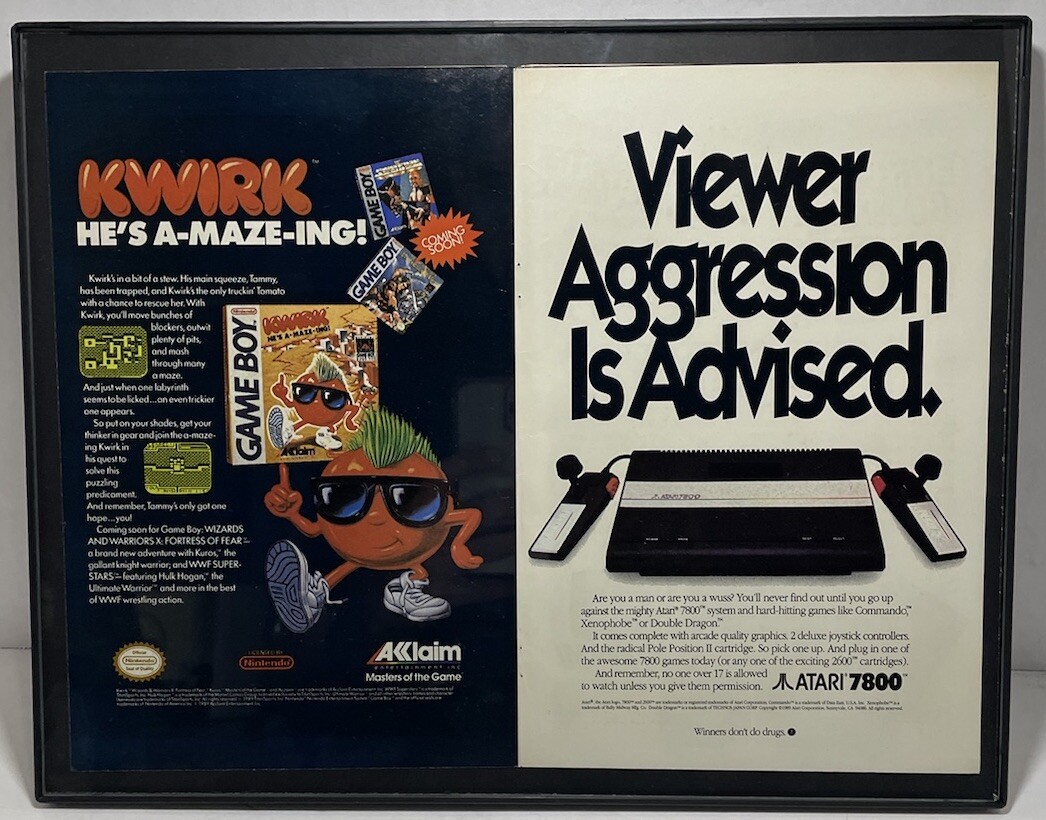 Vintage Nintendo Gameboy & Atari 7800 Ad Wall Art Framed 11”x 14”