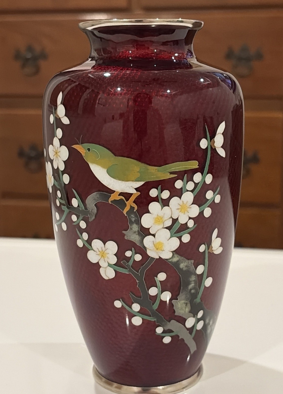 Vintage Asian Cloisonne Blood Red Vase Bird Floral