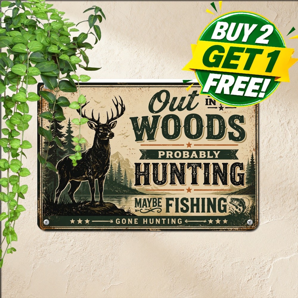 Gone Hunting Archery Bow Arrow Whitetail Buck Forest Sign Metal Tin Plaque 8x12