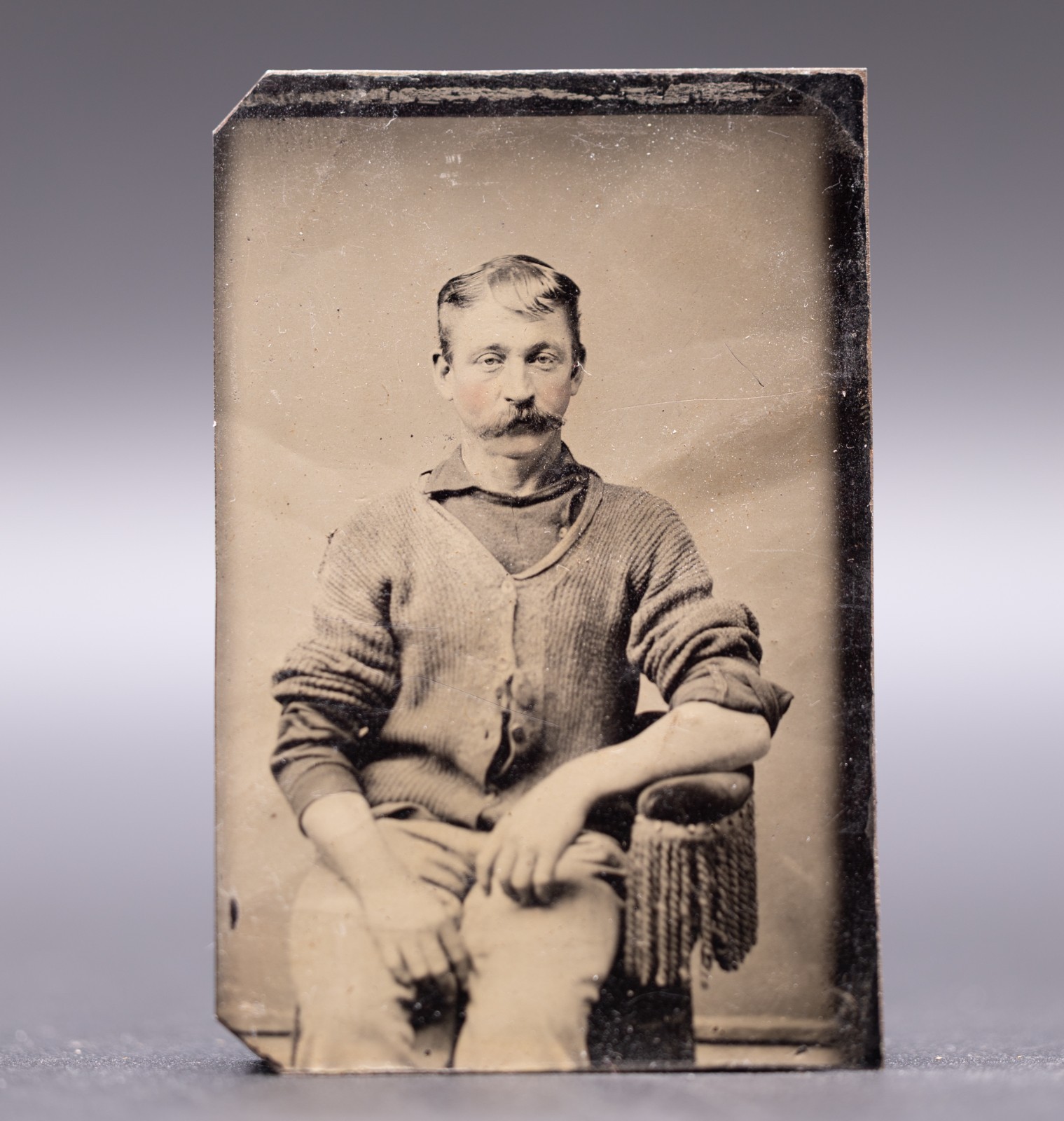 Antique 1/6 Plate Tintype Photo Handsome Man Mustache  Cardigan Sweater c1870