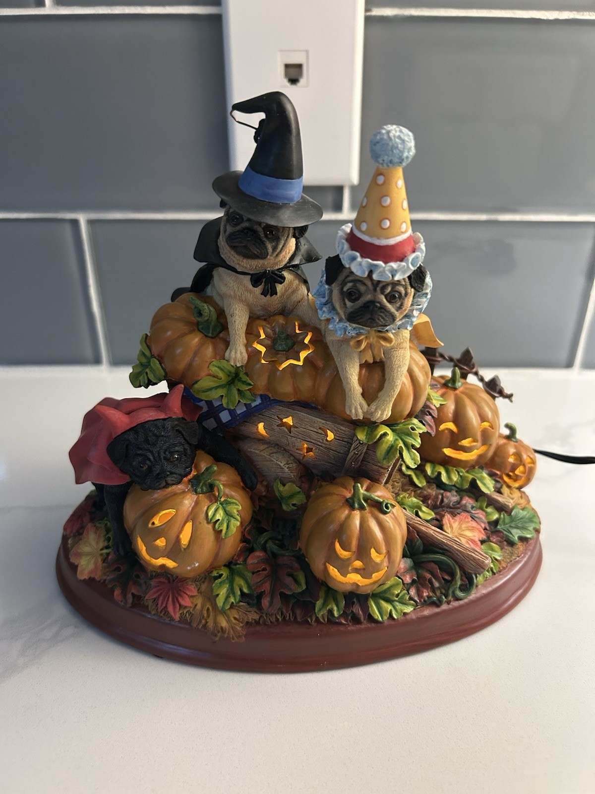 Rare Danbury Mint Pumpkin Pugs Halloween Lighted Collectible With Box Works