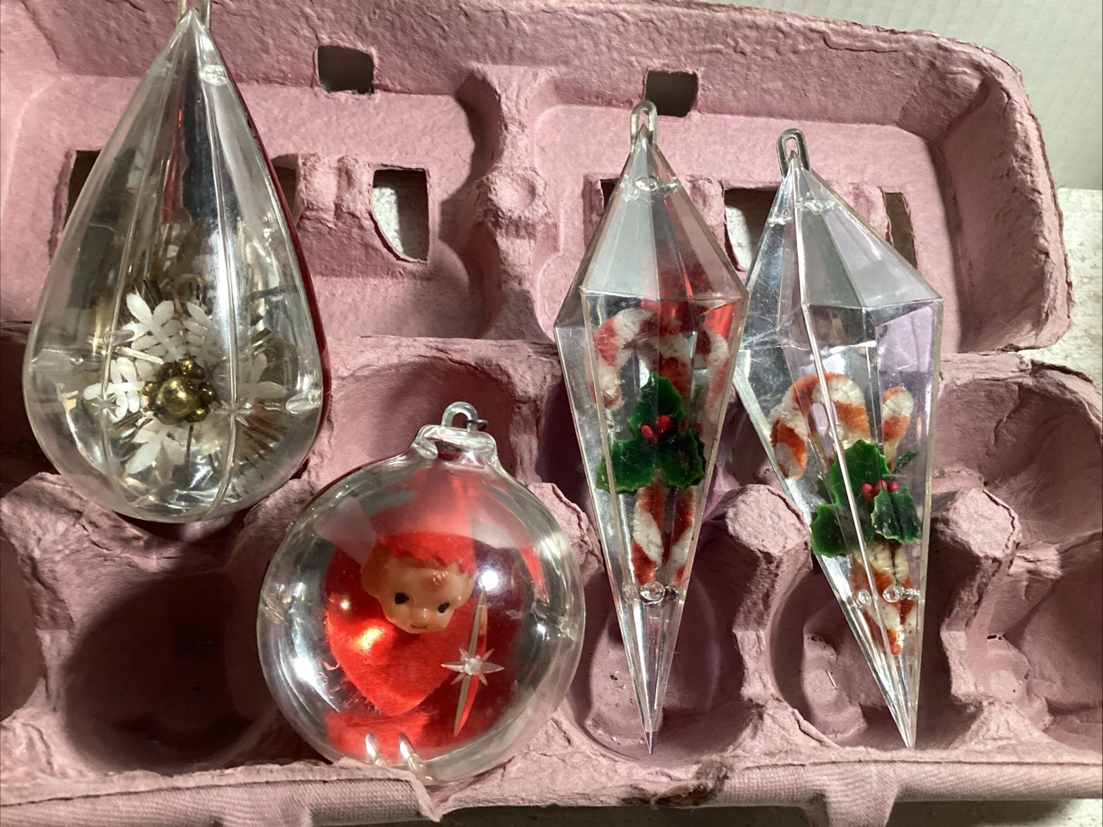 4  Vintage Jewel Brite Diamond Candy Cane & Elf Diorama Christmas Ornaments