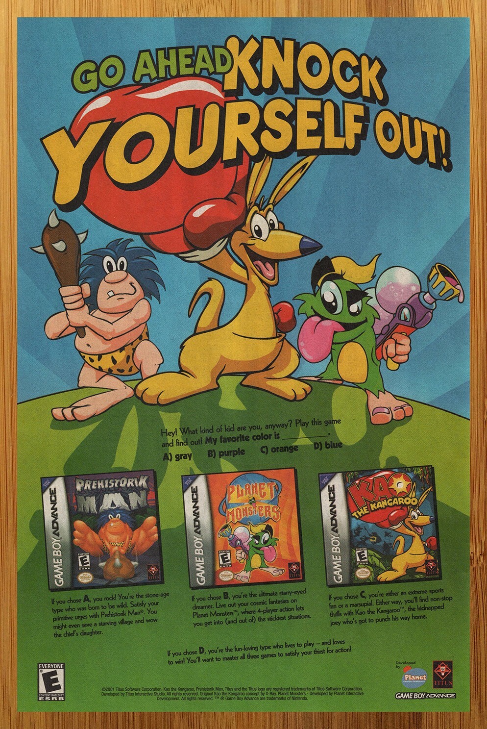 2001 Titus Games GBA Print Ad/Poster Official Kao the Kangaroo Prehistorik Man