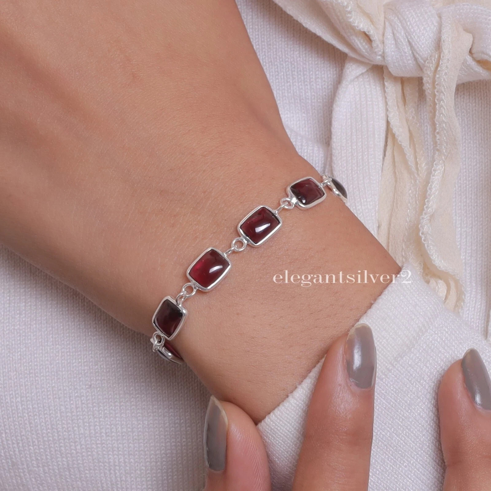 925 Sterling Silver Handmade Red Garnet Bracelet Jewelry Gift