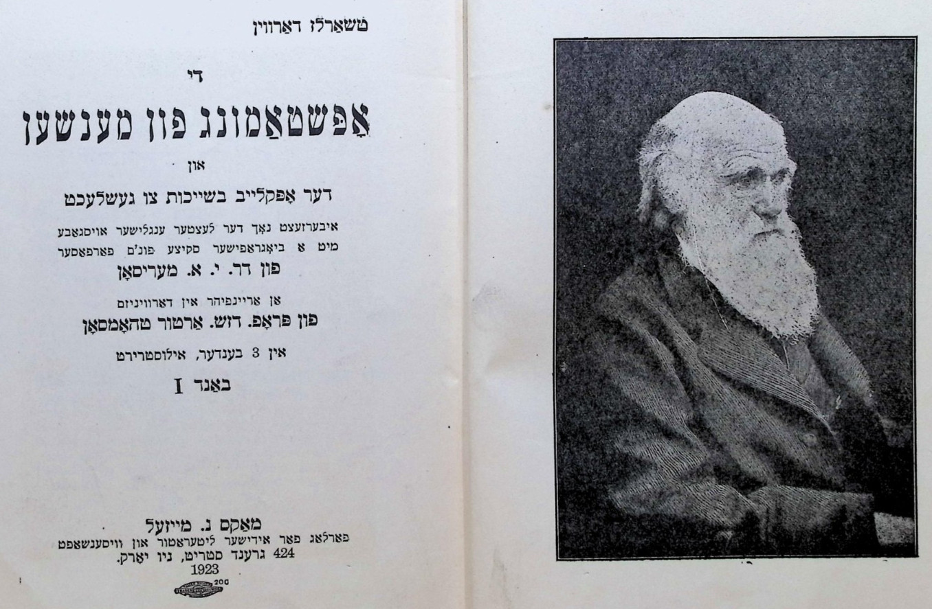 1923 Charles Darwin Descent of Man Yiddish Jewish Judaica Evolution Vol I Book