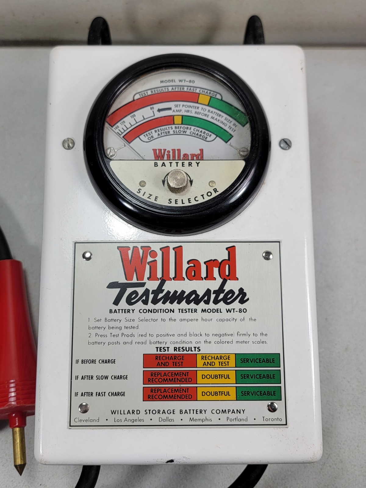 Rare Vintage Willard Testmaster Test Master Battery Condition Tester Model WT-80