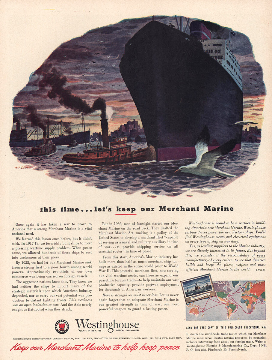 1944 Westinghouse: Merchant Marine Vintage Print Ad