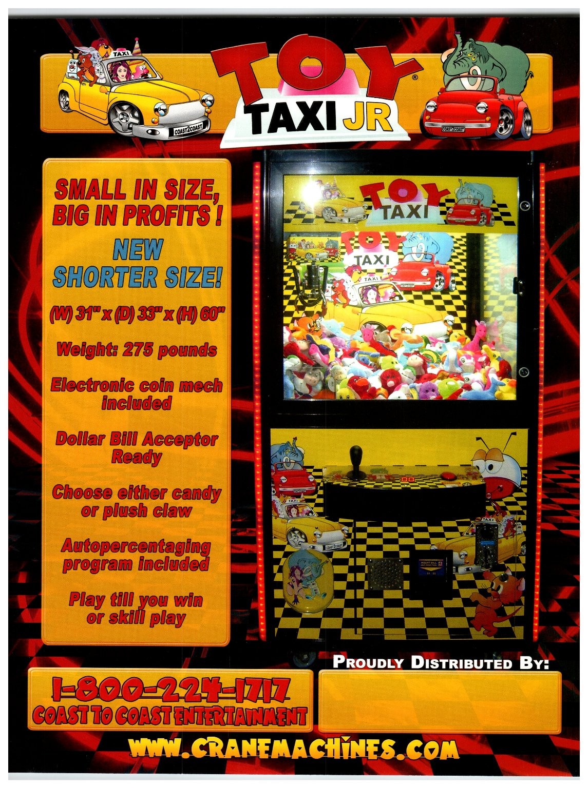 Toy Taxi Jr. Crane Machine Arcade Game Sales Brochure Coast to Coast