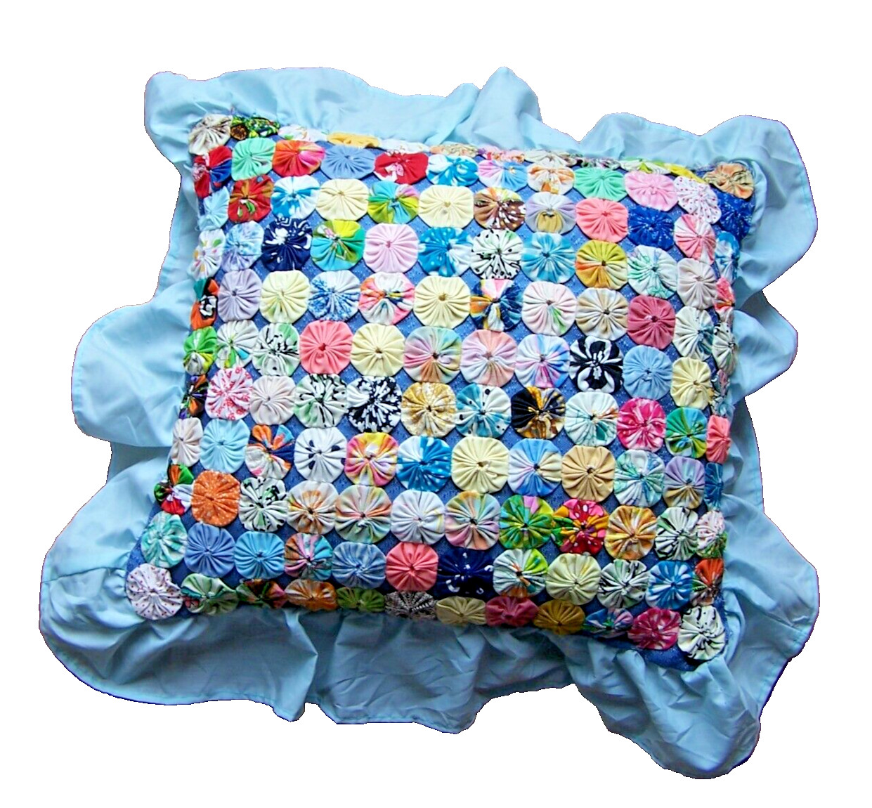 Vtg Yo-Yo Rosettes Puffs Quilt Pillow Rustic Colorful Shabby Chic Farmhouse 16\