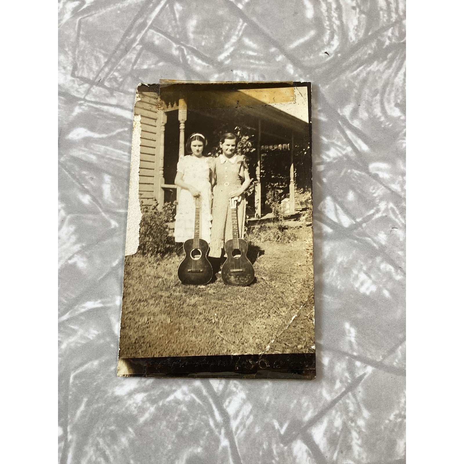 Vintage 1938 Photo Two Girls With Acoustic Guitars Black White Snapshot Antique