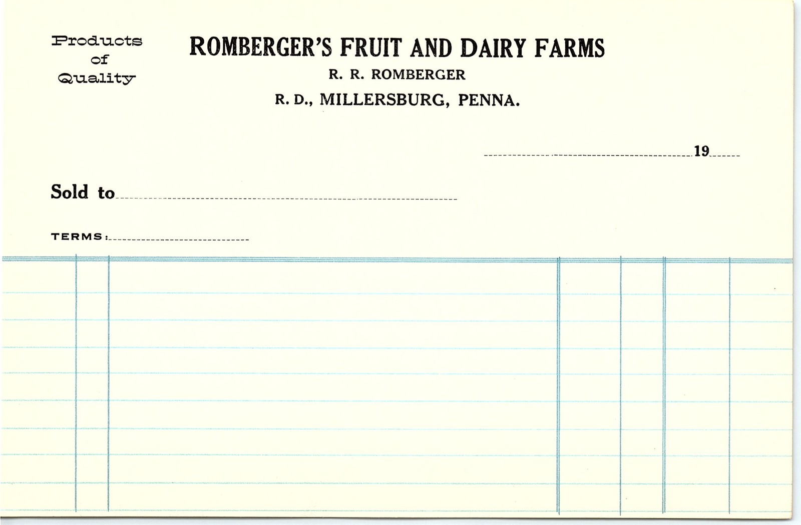 Vintage Romberger's Fruit & Dairy Farms Billhead PA