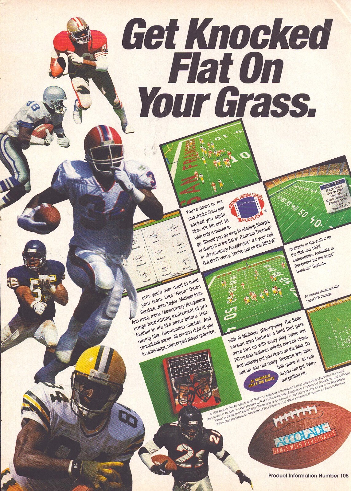 1993 Unnecessary Roughness Video Game Promo Art Print Ad