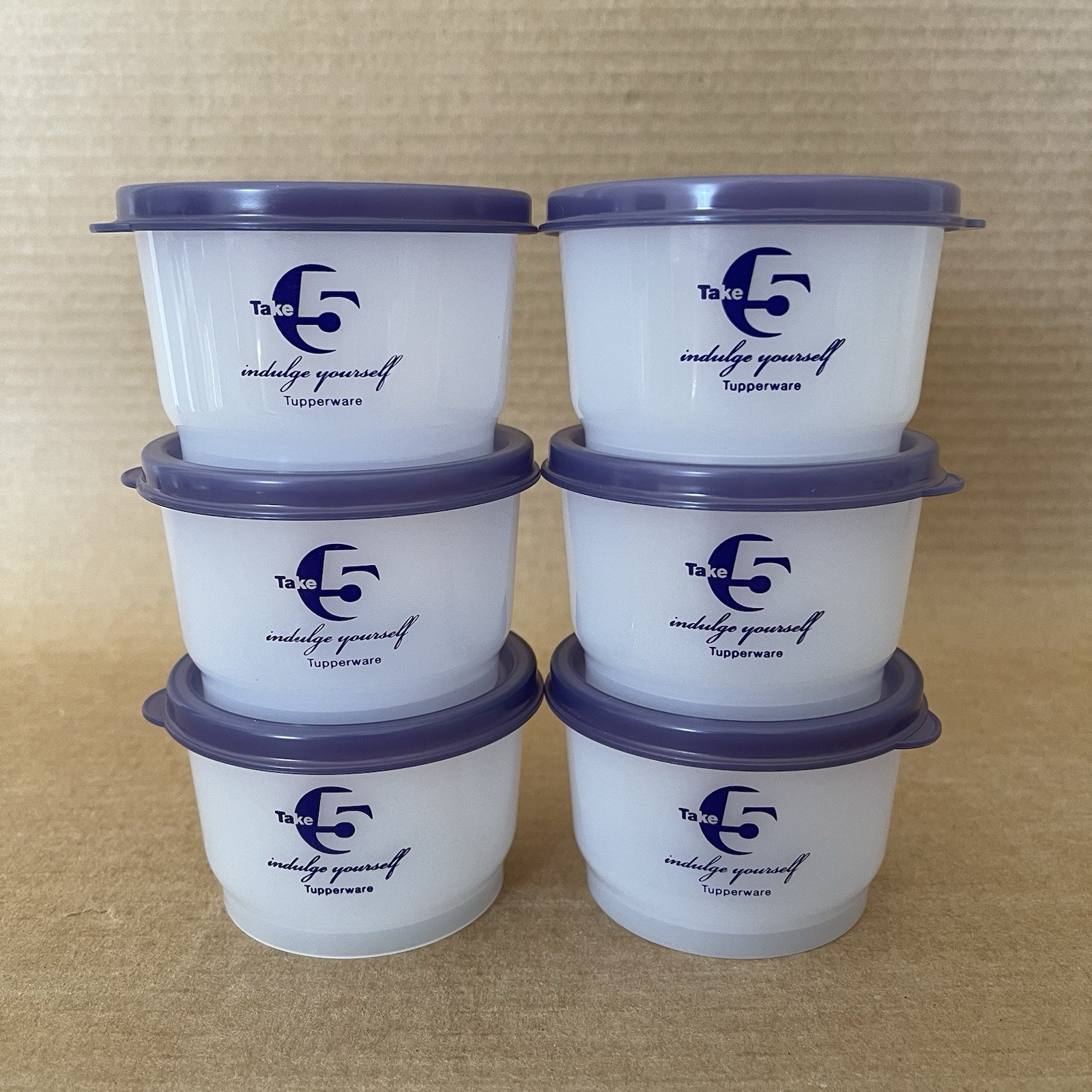 Tupperware Snack Cups Set of 6 Purple Seals 4 oz. Containers with Take 5 Logo