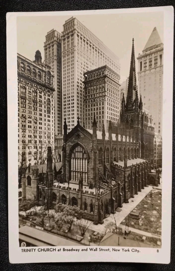 RPPC 1941 Trinity Church Broadway & Wall Street New York City Photo Postcard
