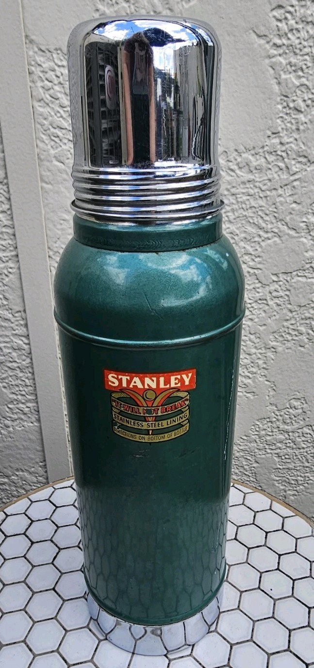 Vintage 1955 Stanley Super Vac Thermos Green Stainless Lining with Cork & Cup