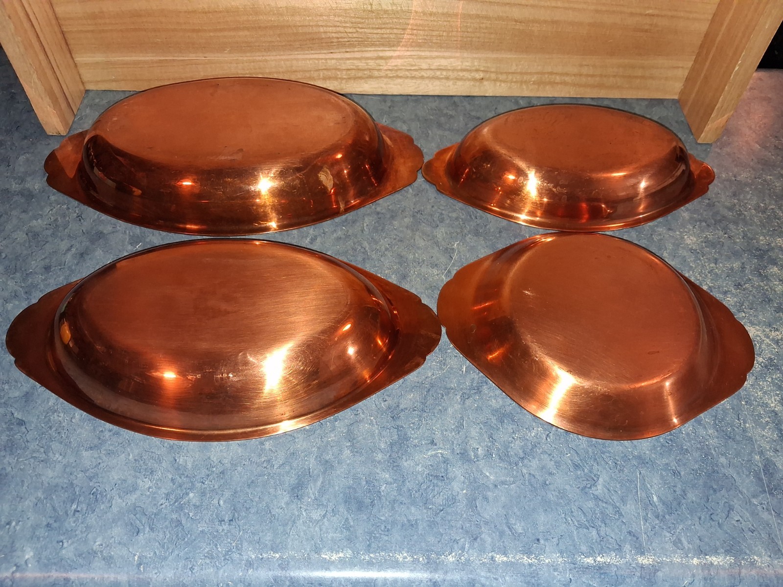 Vntg Heavyweight Copper Au Gratin Nesting Pans Stainless Steel Lined-Very Clean