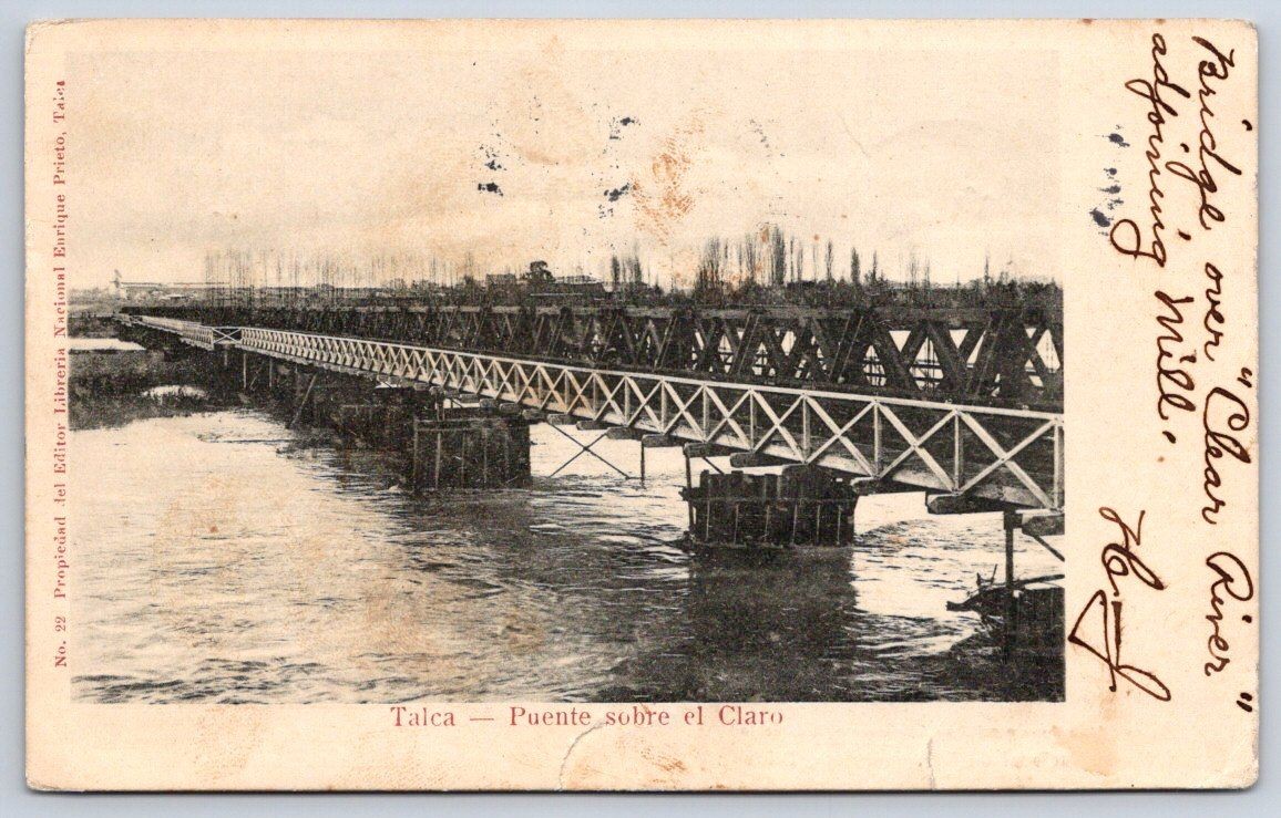 Antique TALCA Chile Bridge over Clear River 1905 Postcard