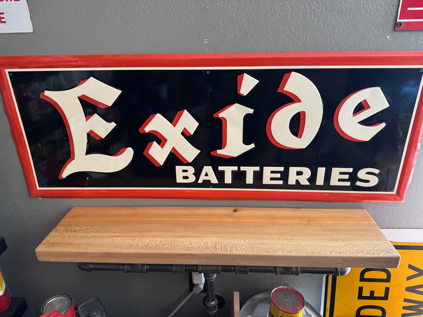 VINTAGE ORIGINAL 1947 EXIDE BATTERIES EMBOSSED SELF FRAMED SIGN~ NICE CONDITION