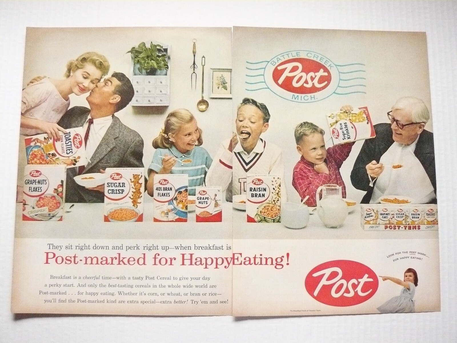 1956 Post Toasties Grape-Nut Flakes Sugar Crisp Happy Family 2-page Print Ad