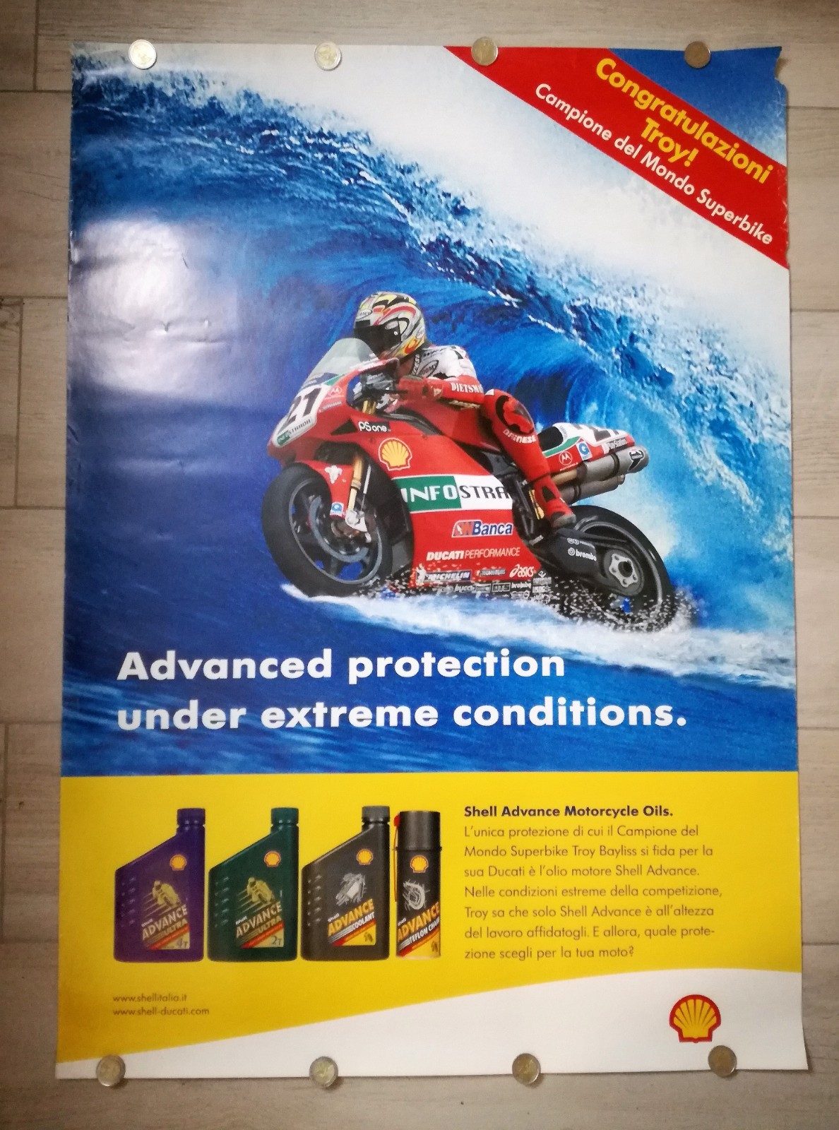 POSTER SHELL ITALY DUCATI WORLD CHAMPION SUPERBIKE TROY 2001 02 96 x 68 CM