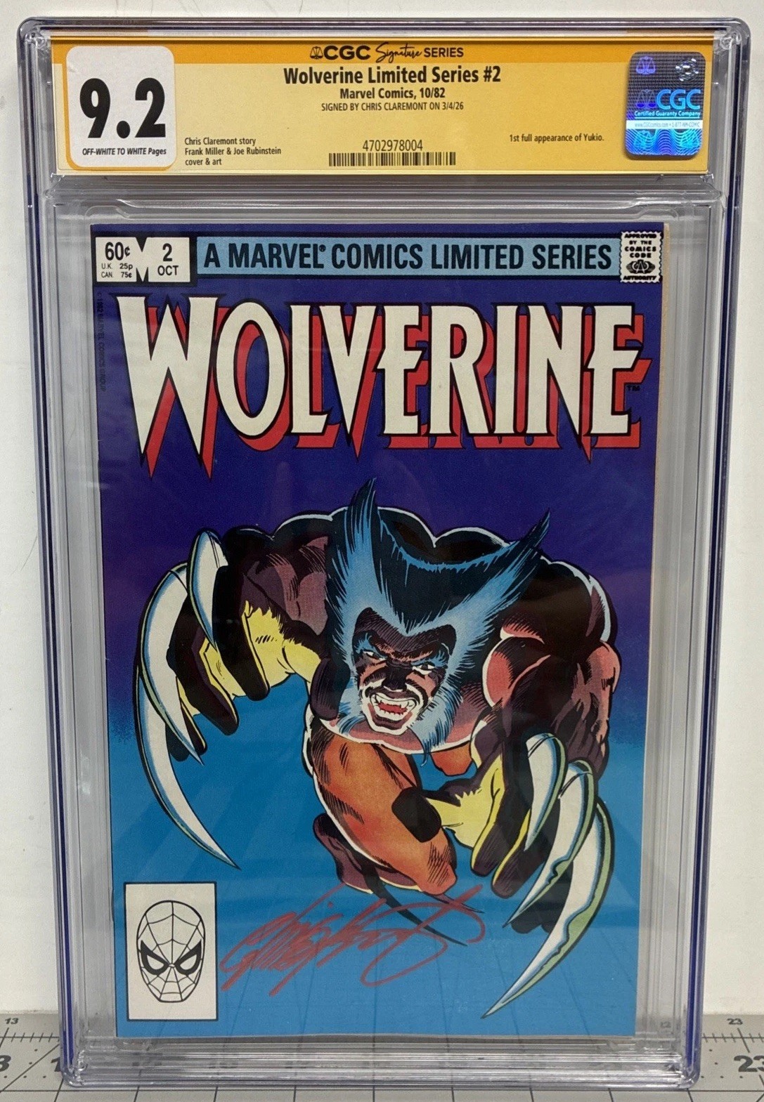 Wolverine #2 VTG 1982 CGC 9.2 NM- 1st App 🔑 Chris Claremont Red Sig ✍️ OW-W Pgs