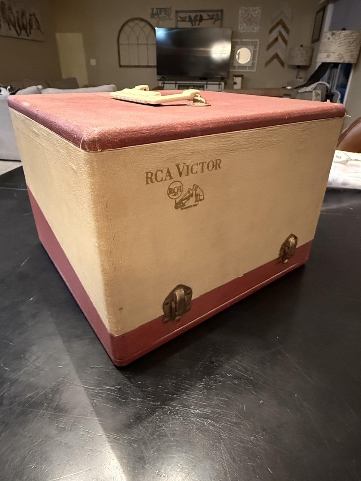 Vintage 1950s RCA Victor Portable Case - Empty Shell Faux Leather Red Cream Good