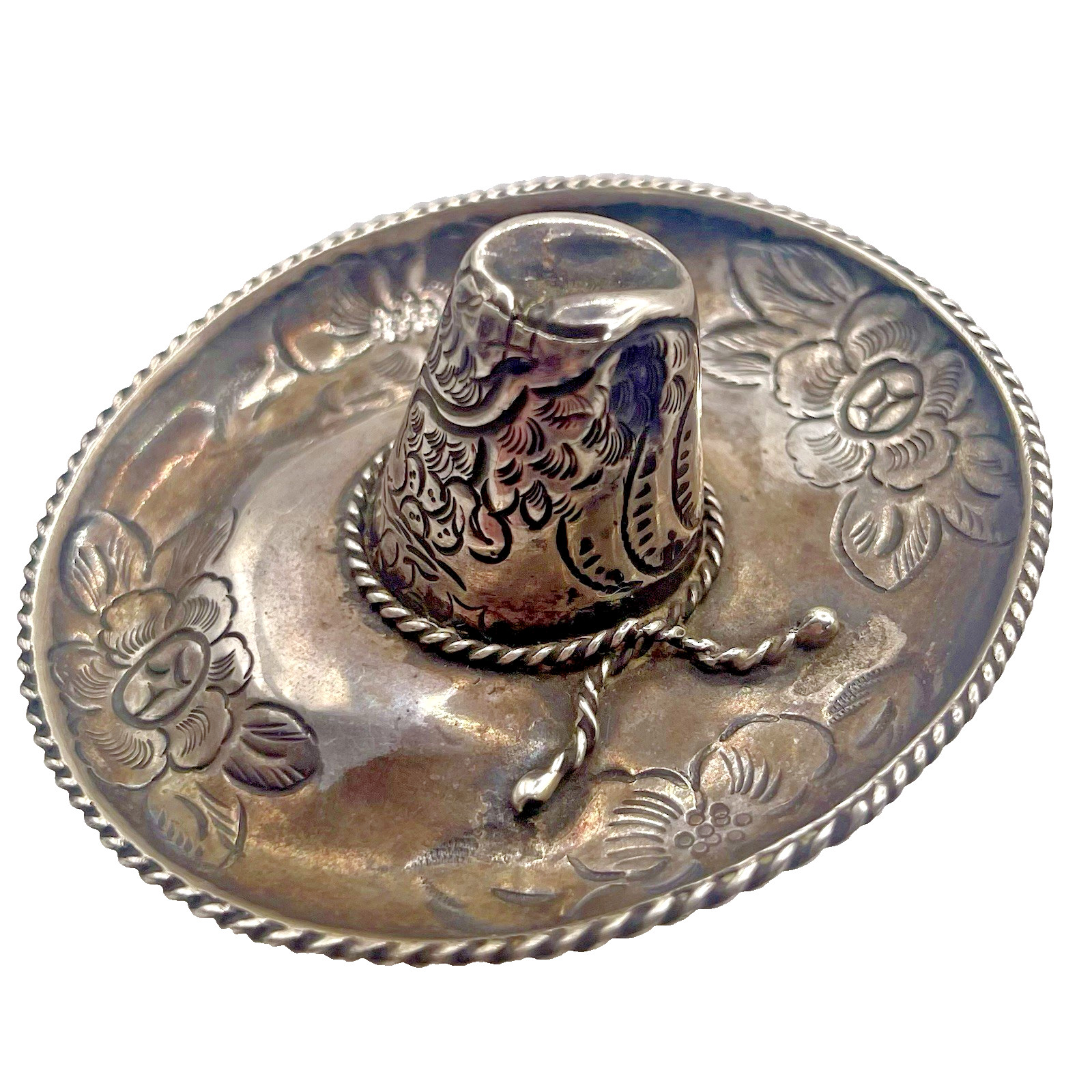 Vintage Estate SANBORNS Mexican 925 Sterling Etched Floral & Eagle Sombrero