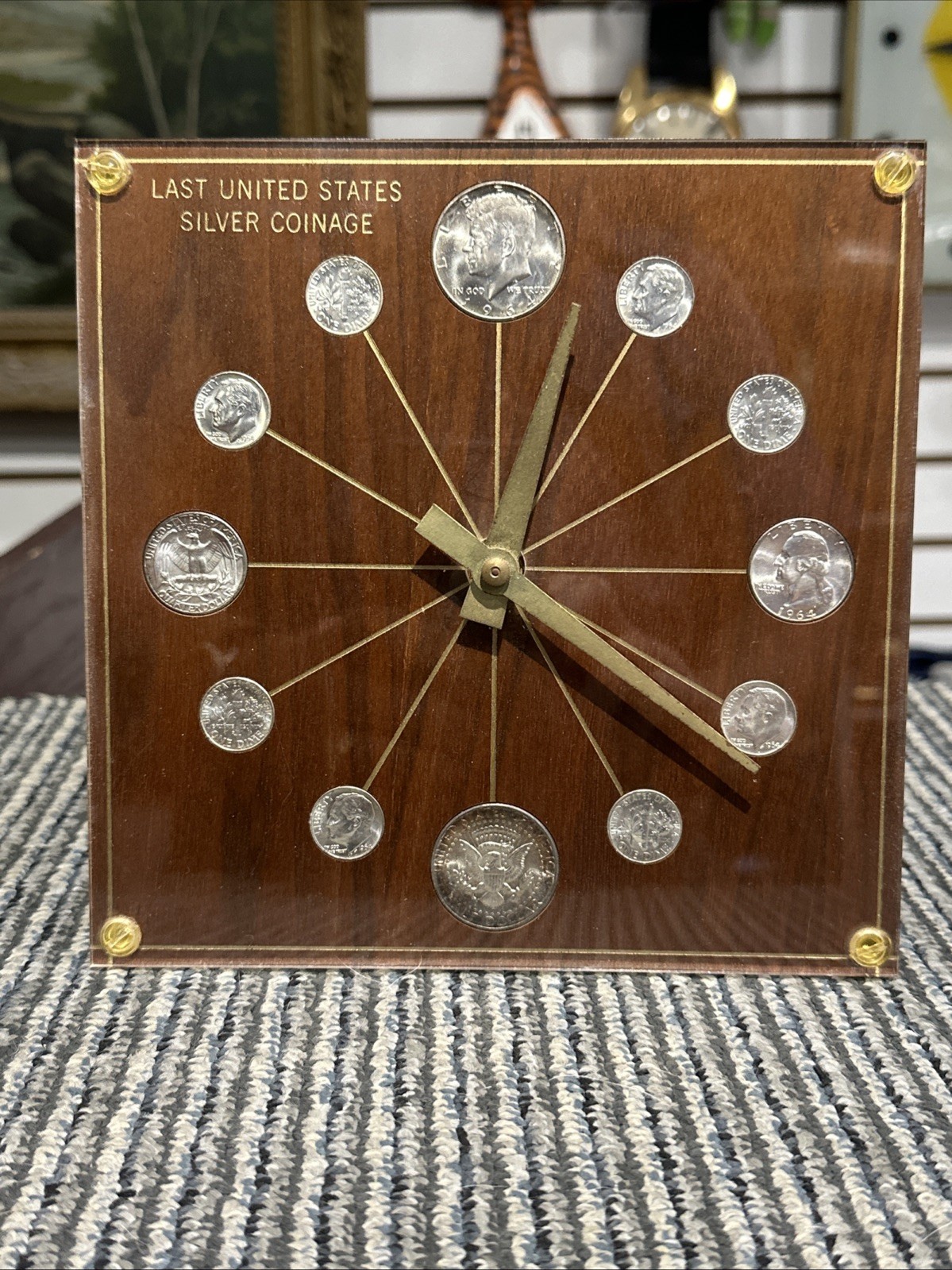 Numismatic Desk Clock 1964 Silver Coin M.K. Summers 72 walnut Executive Model