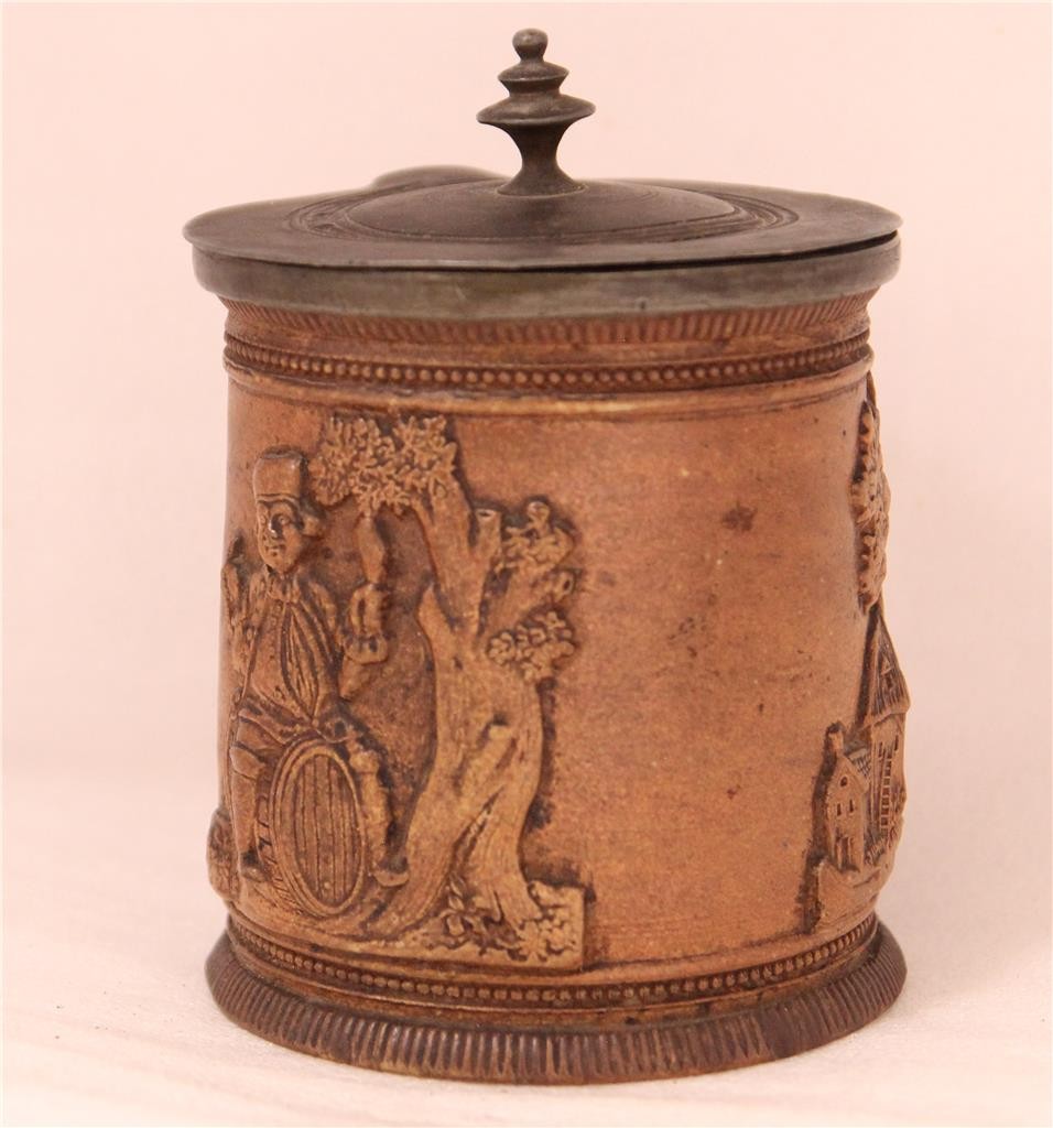 Antique British or Belgian Saltglazed Stoneware Tobacco Jar Pewter Lid c.1860s