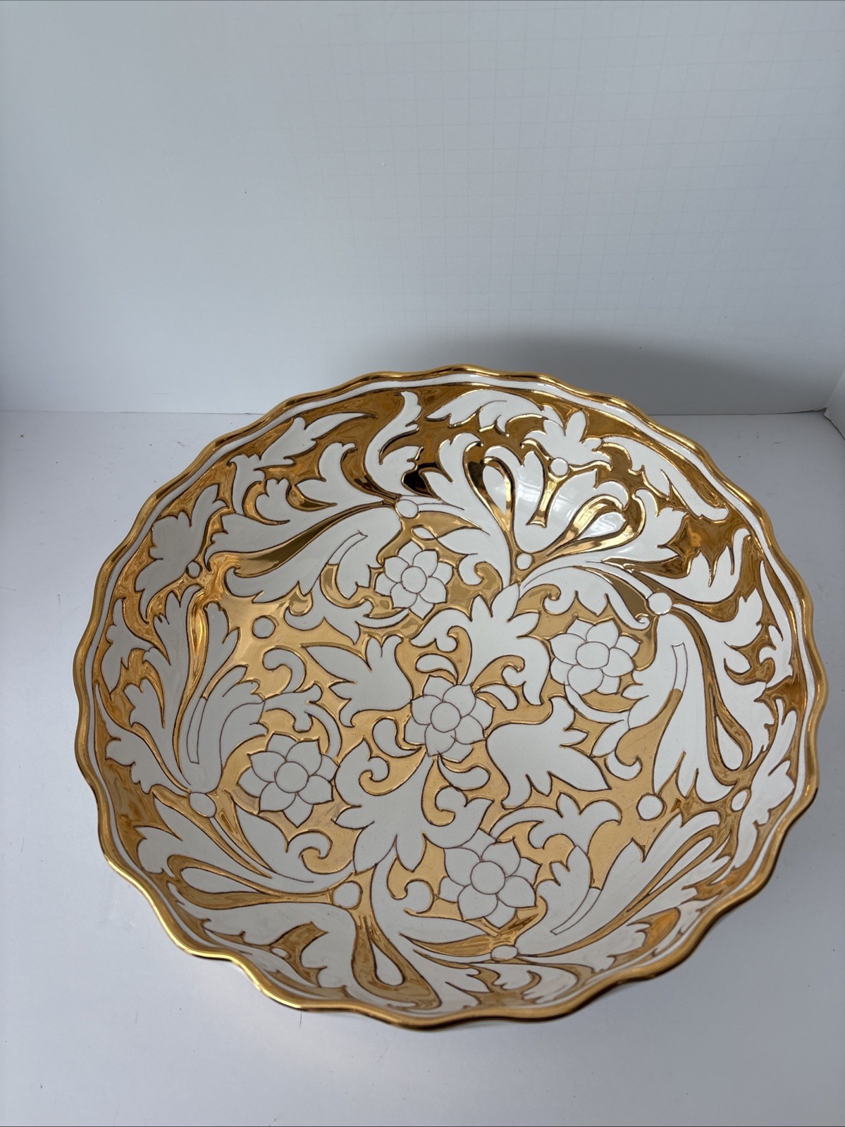 Italian MCM Vintage Art Pottery Porcelain Bowl Scallop Edge Gilded Hand Painted