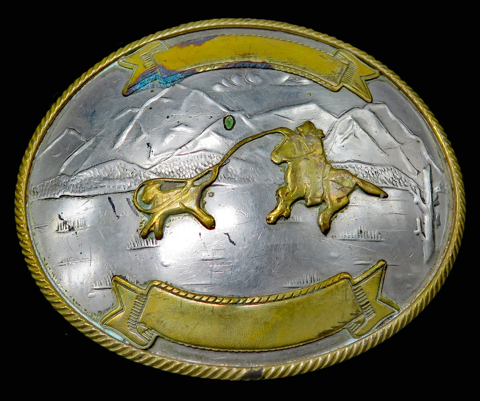 Vintage German Silver Rodeo Trophy Belt Buckle Western Cowboy Calf Roping