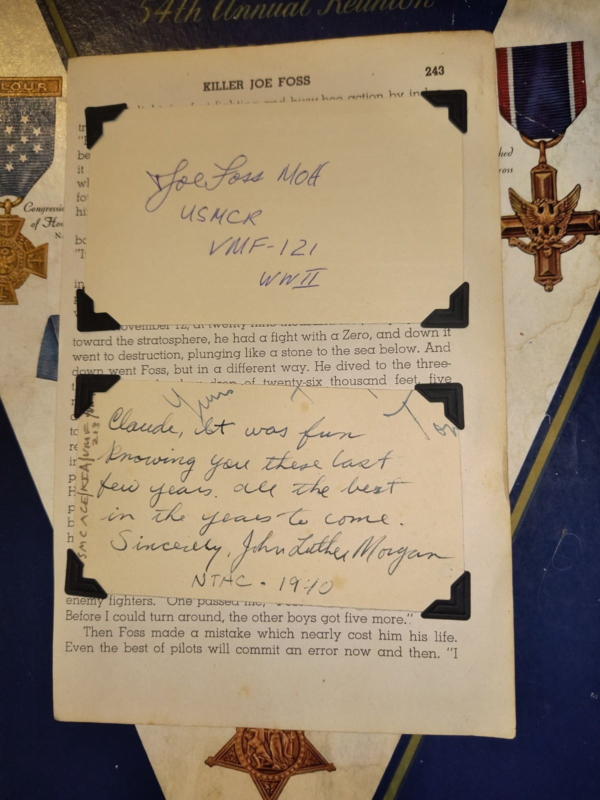 4 WWII ACES: Foss, J. Bade, H. Elwood, Luther Morgan (KIA) Affixed to Book Page