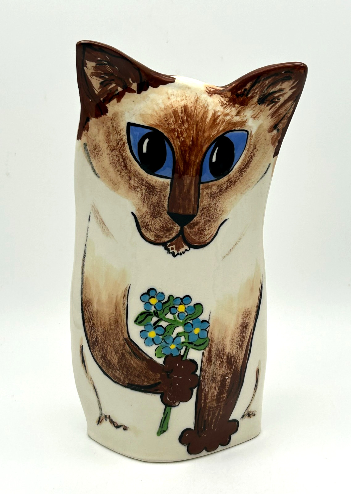 VTG Cats by Nina Hand Painted Ceramic Vase ~ Blue Eyed Siamese Holding Bouquet